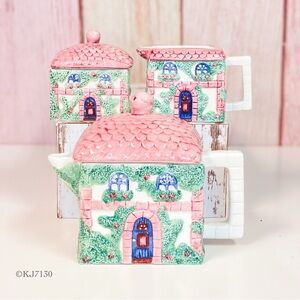 Vintage Avon House Tea Pot Set Hand-Painted 1980s Pink House Ceramic Tea Set